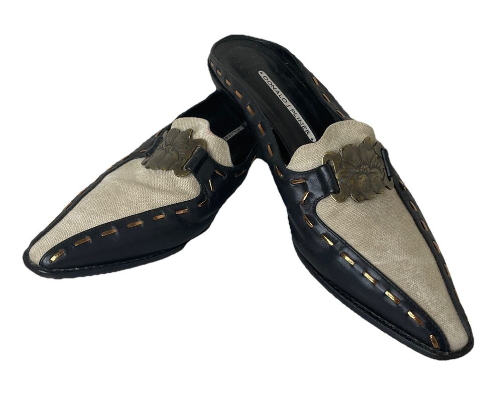 Donald J Pliner Black Leather Canvas Floral Medallion Mules Western Boho Sz 9.5